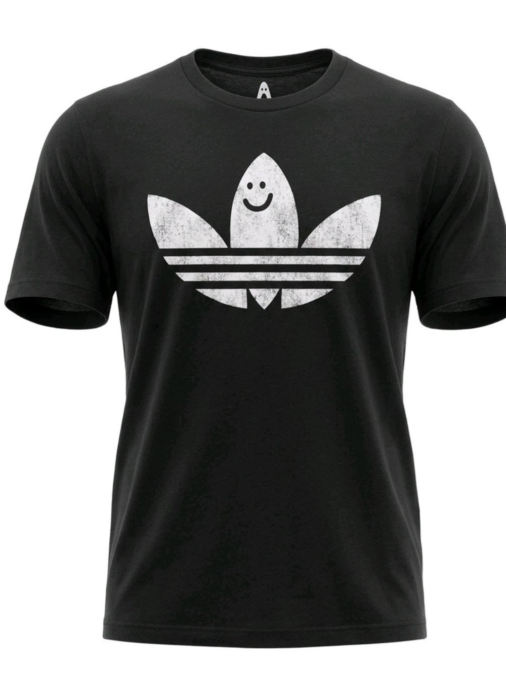 adidas Black Tee with Distressed White Trefoil Smile Graphic Ghost Size Medium